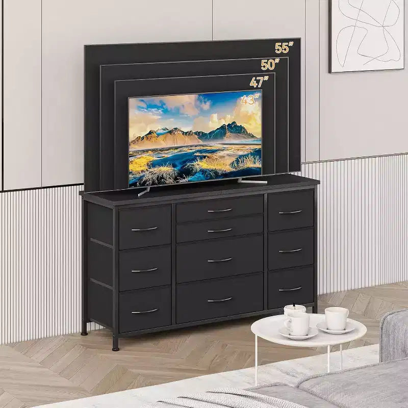 Meuble TV long de 55'' avec prise électrique, centre de divertissement, unité de rangement avec tiroirs en tissu pour chambre à coucher, commode large avec 10 grands tiroirs