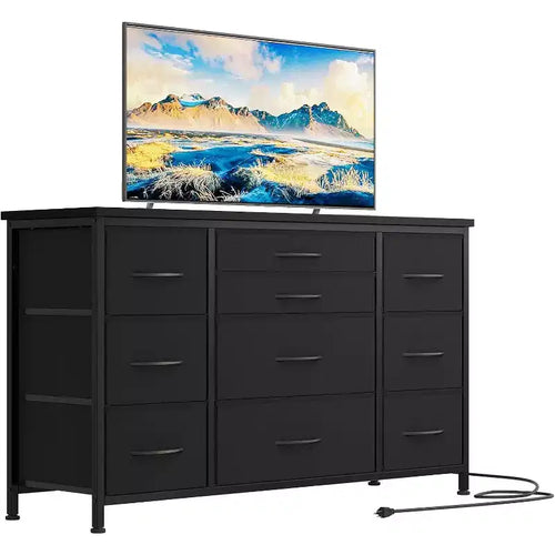 55'' Long TV Stand with Power Outlet Entertainment Center, Storage Fabric Drawer Unit for Bedroom, Wide Dresser with 10 Large Drawers