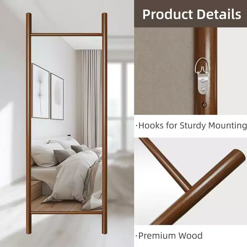 MAYEERTY Miroir pleine longueur en bois massif échelle rectangulaire noyer 63x24x1in sans support