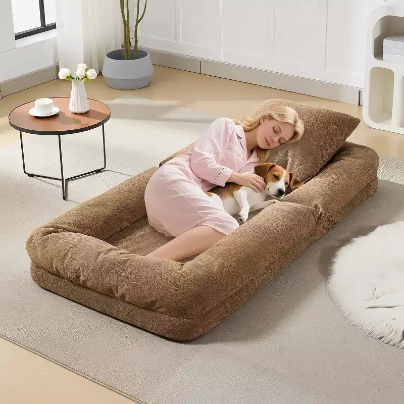 Lit de luxe pour chien Acekool en chenille 5 positions réglable et pliable avec oreillers moelleux, grande chaise longue pour humains et animaux de compagnie