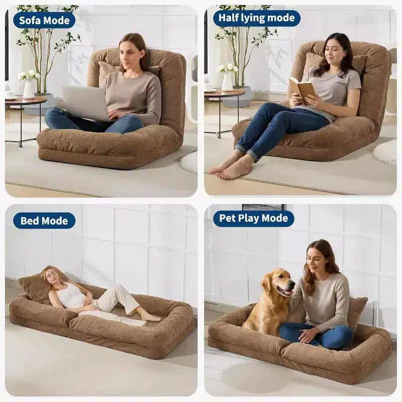 Lit de luxe pour chien Acekool en chenille 5 positions réglable et pliable avec oreillers moelleux, grande chaise longue pour humains et animaux de compagnie