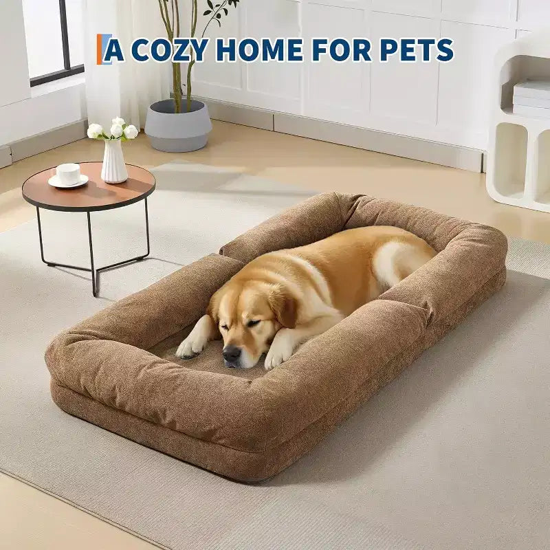 Lit de luxe pour chien Acekool en chenille 5 positions réglable et pliable avec oreillers moelleux, grande chaise longue pour humains et animaux de compagnie