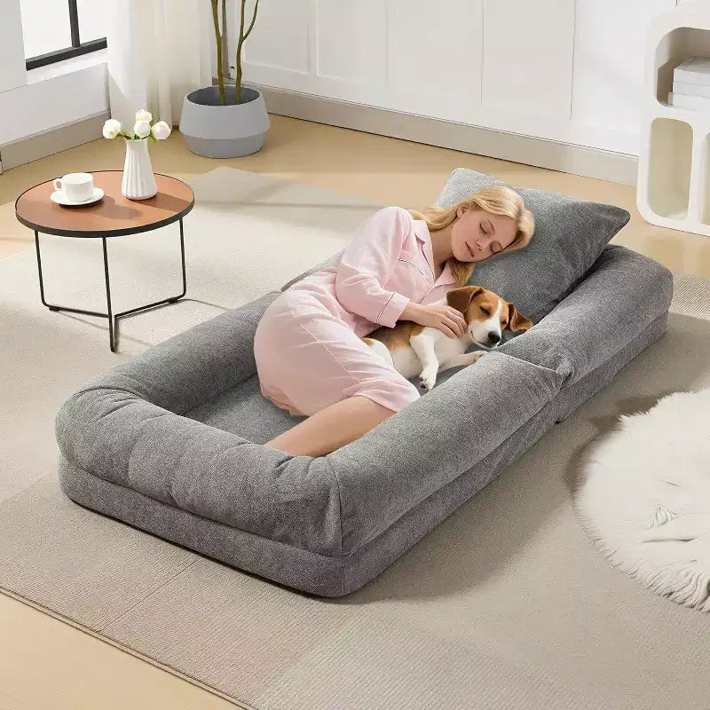 Lit de luxe pour chien Acekool en chenille 5 positions réglable et pliable avec oreillers moelleux, grande chaise longue pour humains et animaux de compagnie