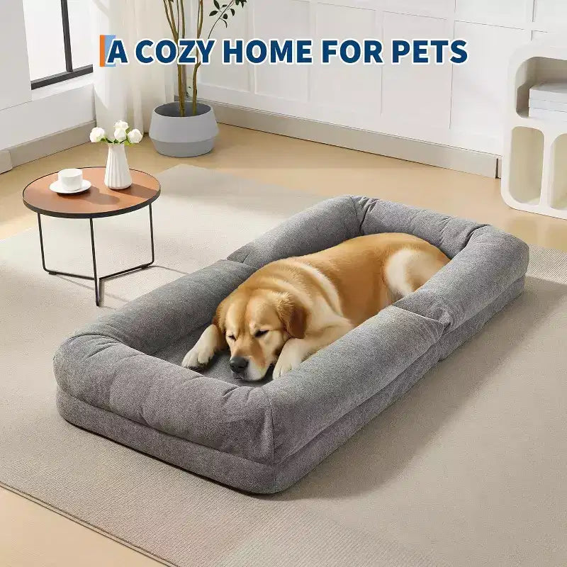 Lit de luxe pour chien Acekool en chenille 5 positions réglable et pliable avec oreillers moelleux, grande chaise longue pour humains et animaux de compagnie
