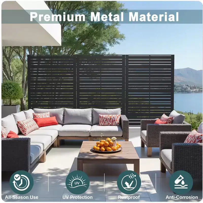 MAYEERTY Brise-vue extérieur en métal 1,8 m 1,2 m noir, en fer galvanisé à persiennes larges et étroites à 6 panneaux pour jardin