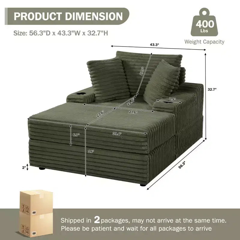 Chaise longue surdimensionnée avec pouf de rangement, canapé-lit nuage en velours côtelé rembourré avec 3 oreillers pour salon, chambre à coucher