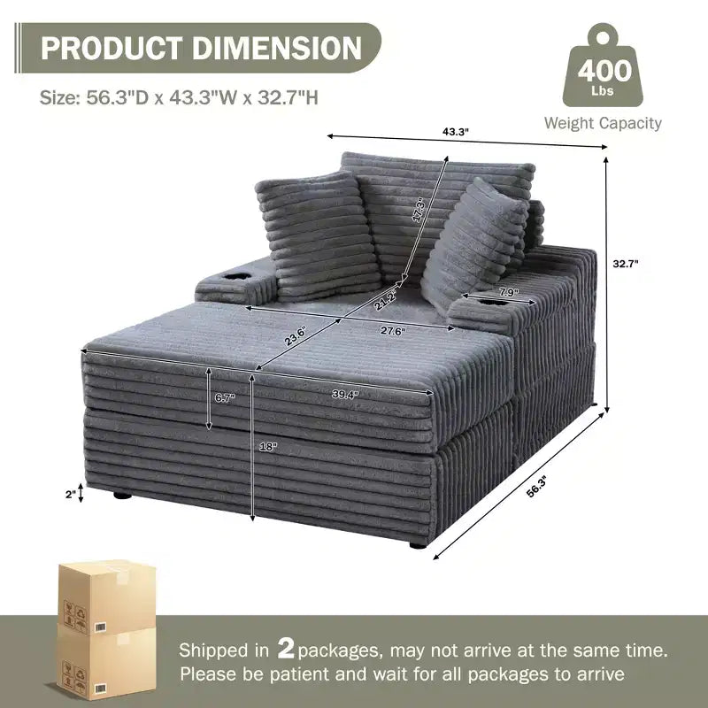 Chaise longue surdimensionnée avec pouf de rangement, canapé-lit nuage en velours côtelé rembourré avec 3 oreillers pour salon, chambre à coucher