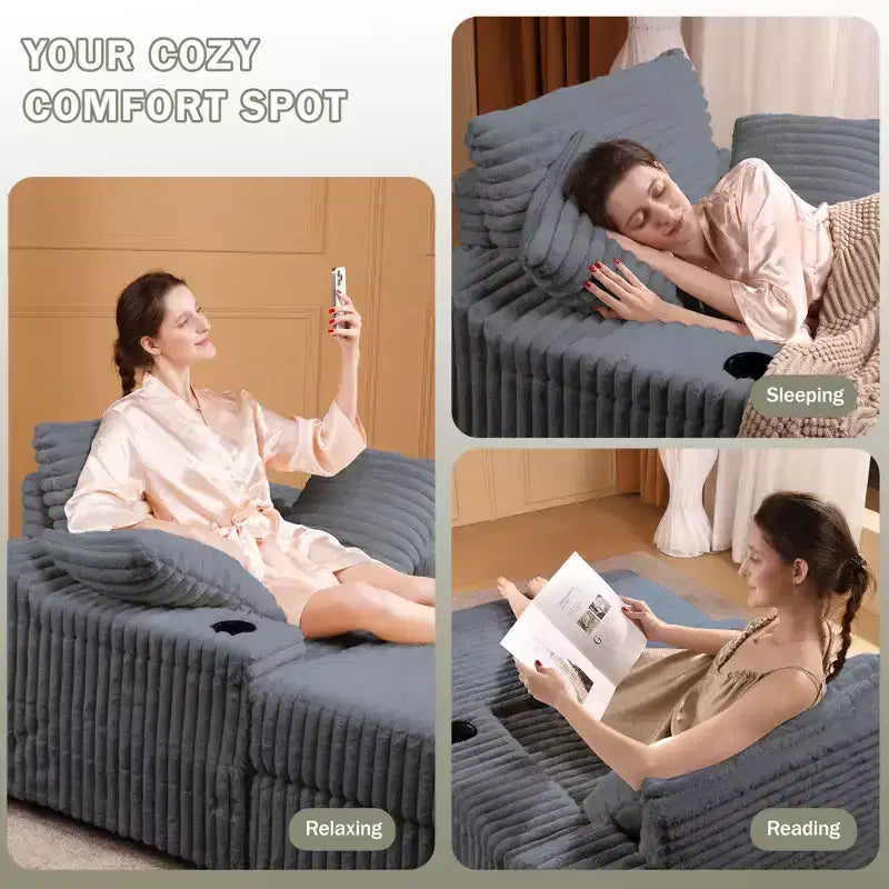 Chaise longue surdimensionnée avec pouf de rangement, canapé-lit nuage en velours côtelé rembourré avec 3 oreillers pour salon, chambre à coucher