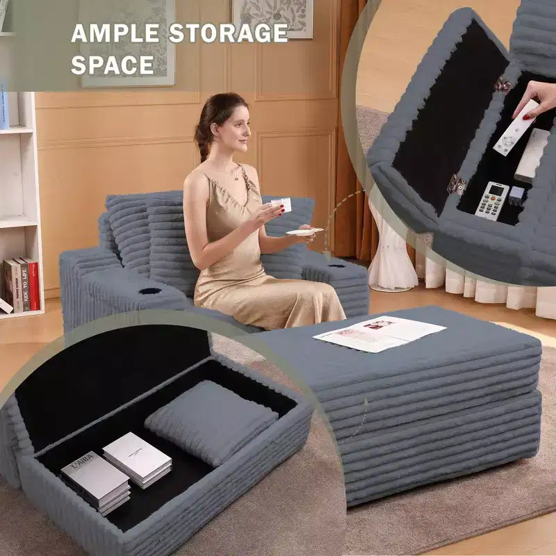 Chaise longue surdimensionnée avec pouf de rangement, canapé-lit nuage en velours côtelé rembourré avec 3 oreillers pour salon, chambre à coucher