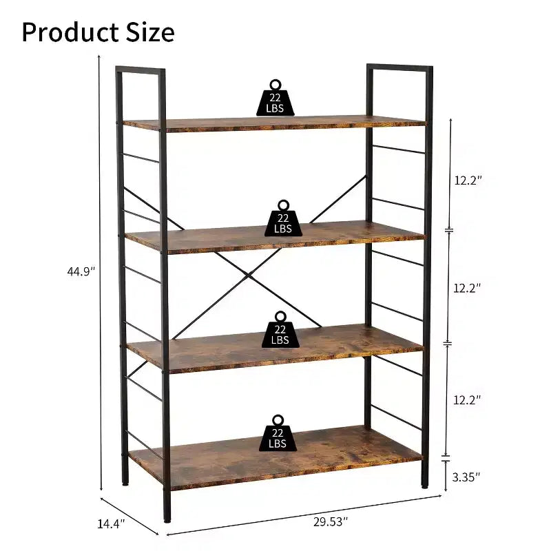 Étagère à 4 niveaux, bibliothèque à cadre métallique, étagère à livres industrielle en bois, étagères de rangement pour la maison, le bureau, le salon, 14P x 29,5L x 45H
