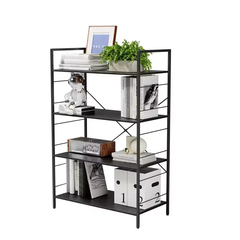 Étagère à 4 niveaux, bibliothèque à cadre métallique, étagère à livres industrielle en bois, étagères de rangement pour la maison, le bureau, le salon, 14P x 29,5L x 45H