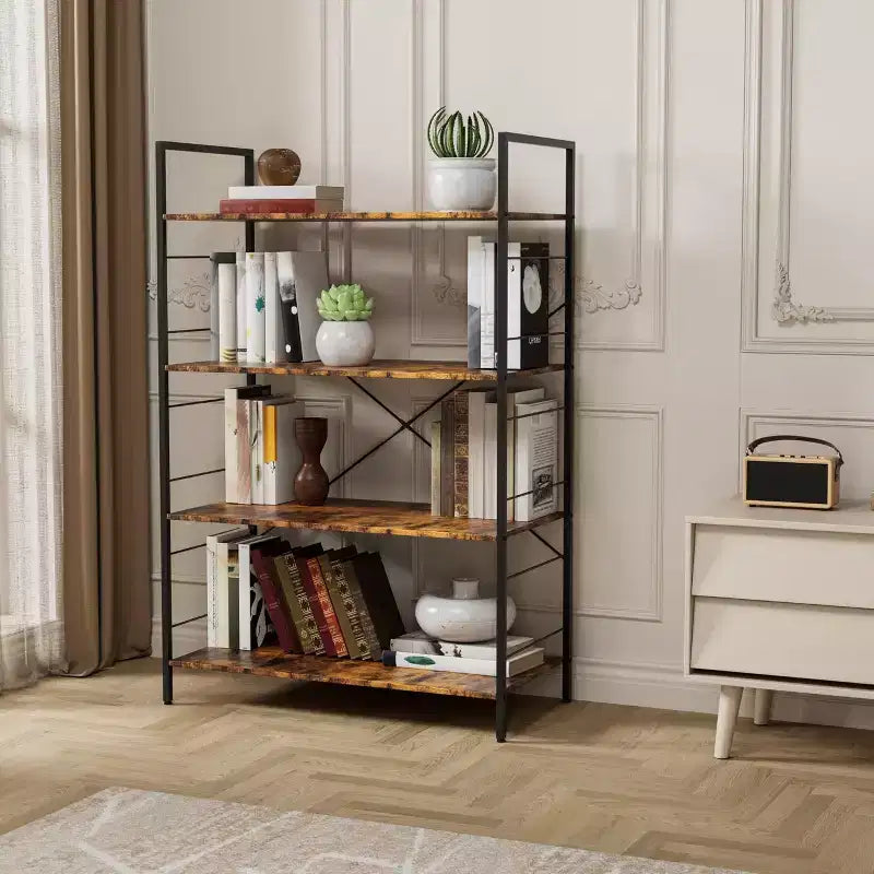 Étagère à 4 niveaux, bibliothèque à cadre métallique, étagère à livres industrielle en bois, étagères de rangement pour la maison, le bureau, le salon, 14P x 29,5L x 45H