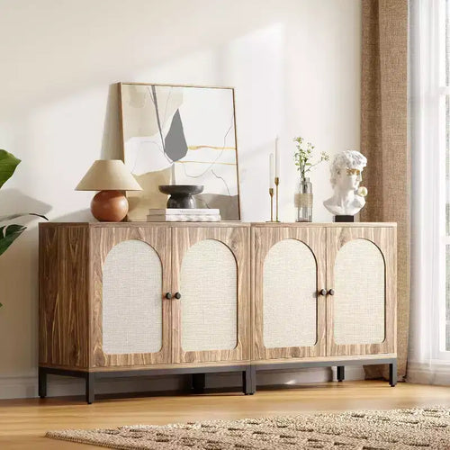 Acekool 2-Pack Rattan Sideboard Cabinets with Adjustable Shelves, Farmhouse Storage Buffets with Woven Doors,Brown