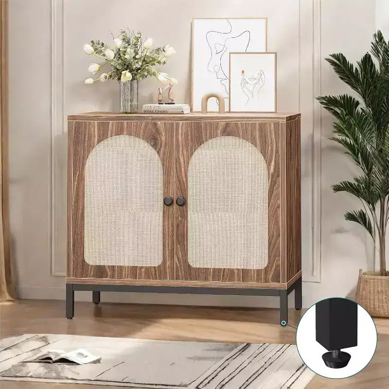 Acekool Lot de 2 bahuts en rotin avec étagères réglables, buffets de rangement style ferme avec portes tissées, marron