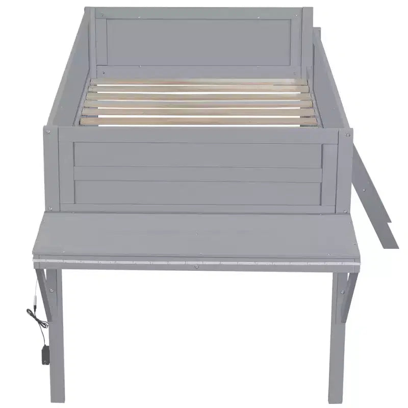 Lit mezzanine double en bois avec bureau et LED, cadre de lit en bois avec plateau en bois pour salle de jeux