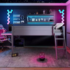 Lit mezzanine double en bois avec bureau et LED, cadre de lit en bois avec plateau en bois pour salle de jeux