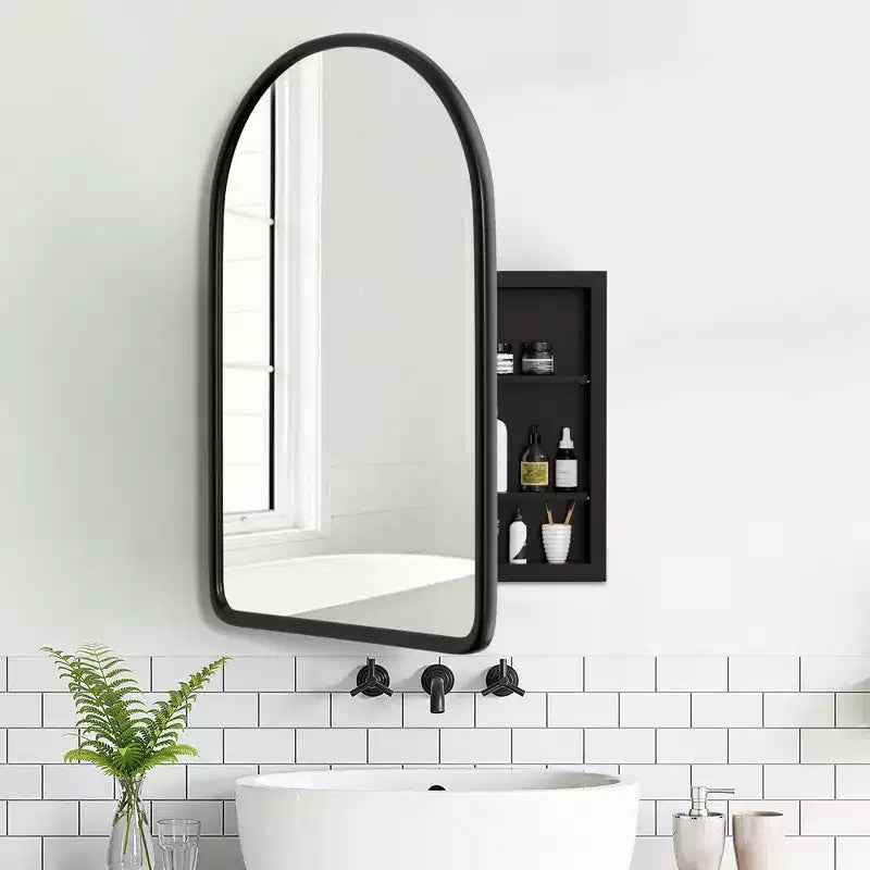 MAYEERTY 24 x 35,8 po Armoires de salle de bain murales modernes en forme d'arche, miroir mural avec rangement à cadre métallique, Noir