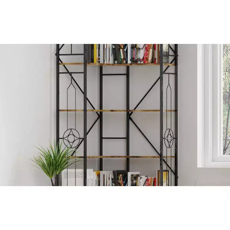 Étagère d'angle industrielle 7 niveaux Okak, bibliothèque autoportante en forme de L, vitrine pour salon, chambre, bureau, marron