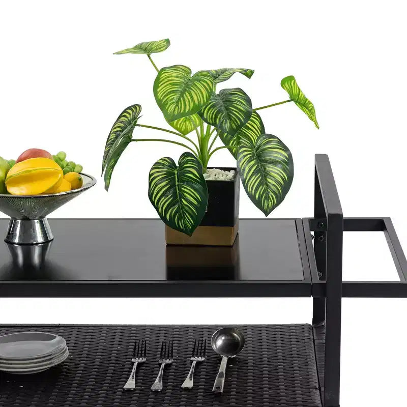 NAYSAYE Chariot de service de bar en osier pour l'extérieur, comptoir à vin et boissons avec plateau en verre pour patio, noir, 51.18*19.69*35.43