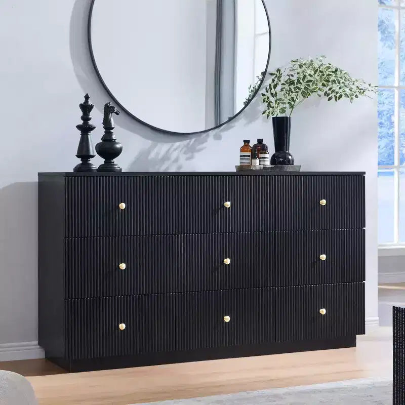 SinCiDo Commode à 9 tiroirs cannelés, commode en bois de 140 cm de large avec rangement profond, organisateur de rangement moderne pour chambre à coucher, salon