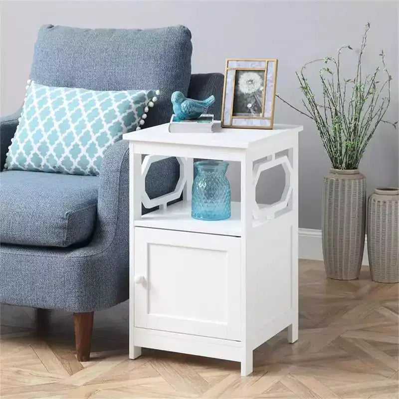 Table d'appoint HomeStock Belmont avec armoire et étagère ouverte, design octogonal élégant, petite table d'appoint compacte en MDF pour le salon ou la chambre à coucher