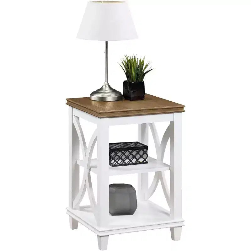 Table d'appoint Belmont HomeStock avec étagères Design en X d'inspiration italienne Rangement à deux niveaux Bois d'hévéa massif avec placage de chêne Table d'appoint