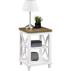 Table d'appoint Belmont HomeStock avec étagères Design en X d'inspiration italienne Rangement à deux niveaux Bois d'hévéa massif avec placage de chêne Table d'appoint