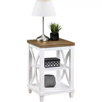 Table d'appoint Belmont HomeStock avec étagères Design en X d'inspiration italienne Rangement à deux niveaux Bois d'hévéa massif avec placage de chêne Table d'appoint
