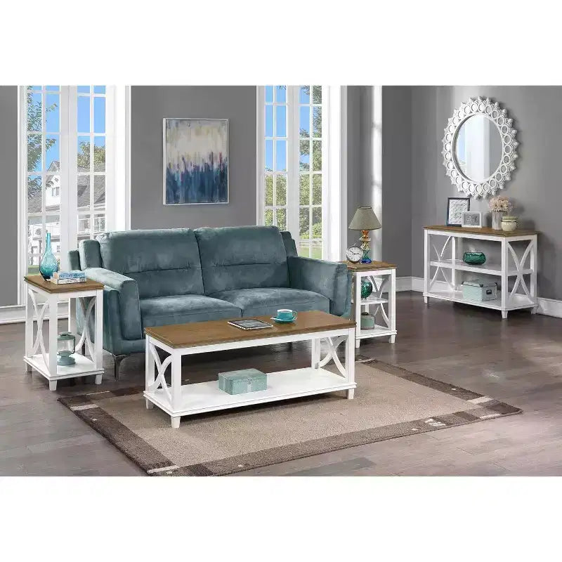 Table d'appoint Belmont HomeStock avec étagères Design en X d'inspiration italienne Rangement à deux niveaux Bois d'hévéa massif avec placage de chêne Table d'appoint