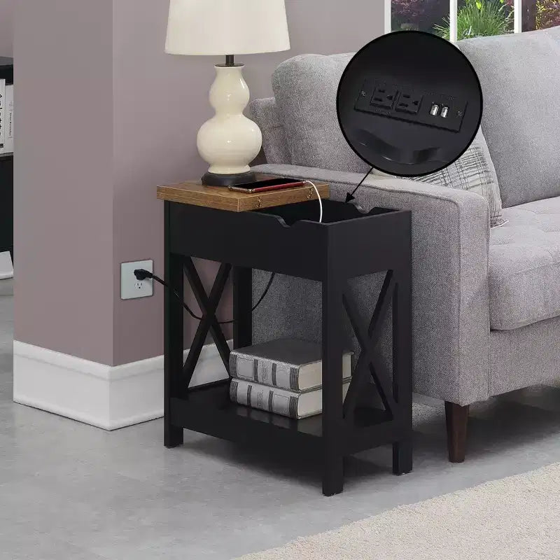 Table d'appoint relevable HomeStock Belmont avec station de charge et étagère, finition bicolore, table de chevet moderne avec rangement et présentoir cachés