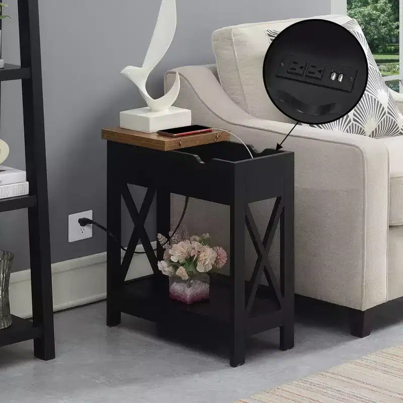 Table d'appoint relevable HomeStock Belmont avec station de charge et étagère, finition bicolore, table de chevet moderne avec rangement et présentoir cachés