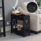 Table d'appoint relevable HomeStock Belmont avec station de charge et étagère, finition bicolore, table de chevet moderne avec rangement et présentoir cachés