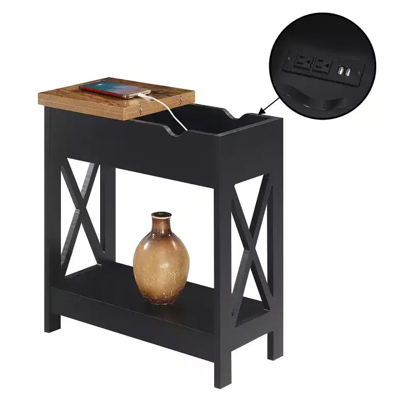 Table d'appoint relevable HomeStock Belmont avec station de charge et étagère, finition bicolore, table de chevet moderne avec rangement et présentoir cachés