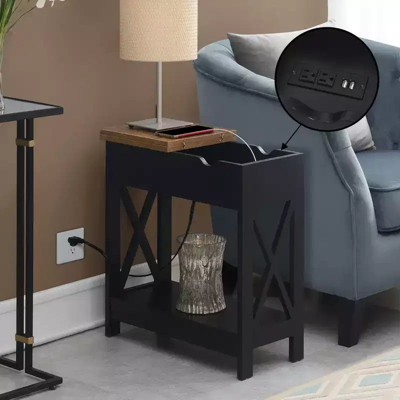 Table d'appoint relevable HomeStock Belmont avec station de charge et étagère, finition bicolore, table de chevet moderne avec rangement et présentoir cachés
