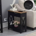 Table d'appoint relevable HomeStock Belmont avec station de charge et étagère, finition bicolore, table de chevet moderne avec rangement et présentoir cachés