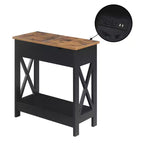 Table d'appoint relevable HomeStock Belmont avec station de charge et étagère, finition bicolore, table de chevet moderne avec rangement et présentoir cachés