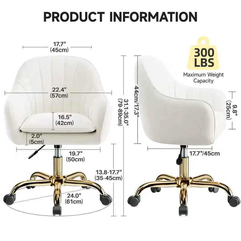 Chaise de bureau en velours KERDOM pour bureau à domicile, chaise d'ordinateur pivotante à 360° réglable en hauteur, beige