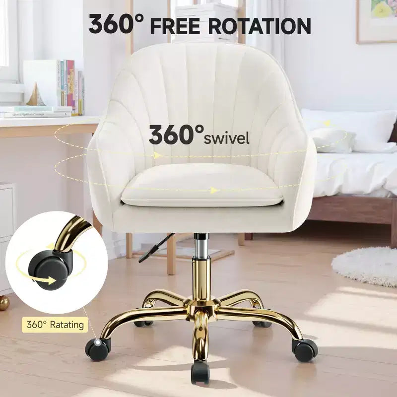 Chaise de bureau en velours KERDOM pour bureau à domicile, chaise d'ordinateur pivotante à 360° réglable en hauteur, beige