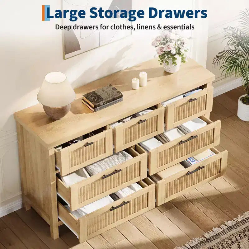 Commode cannelée à 7 tiroirs, commode haute de 114 cm, 7 tiroirs de commode, commode en bois avec rangement pour vêtements, armoire de rangement pour salon ou chambre à coucher
