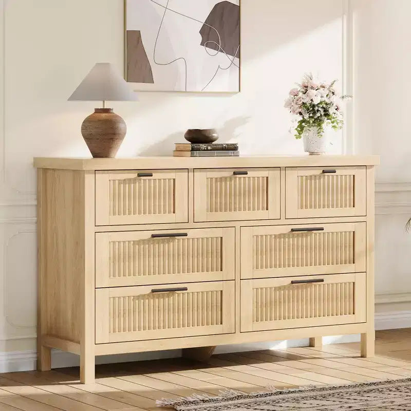 Commode cannelée à 7 tiroirs, commode haute de 114 cm, 7 tiroirs de commode, commode en bois avec rangement pour vêtements, armoire de rangement pour salon ou chambre à coucher