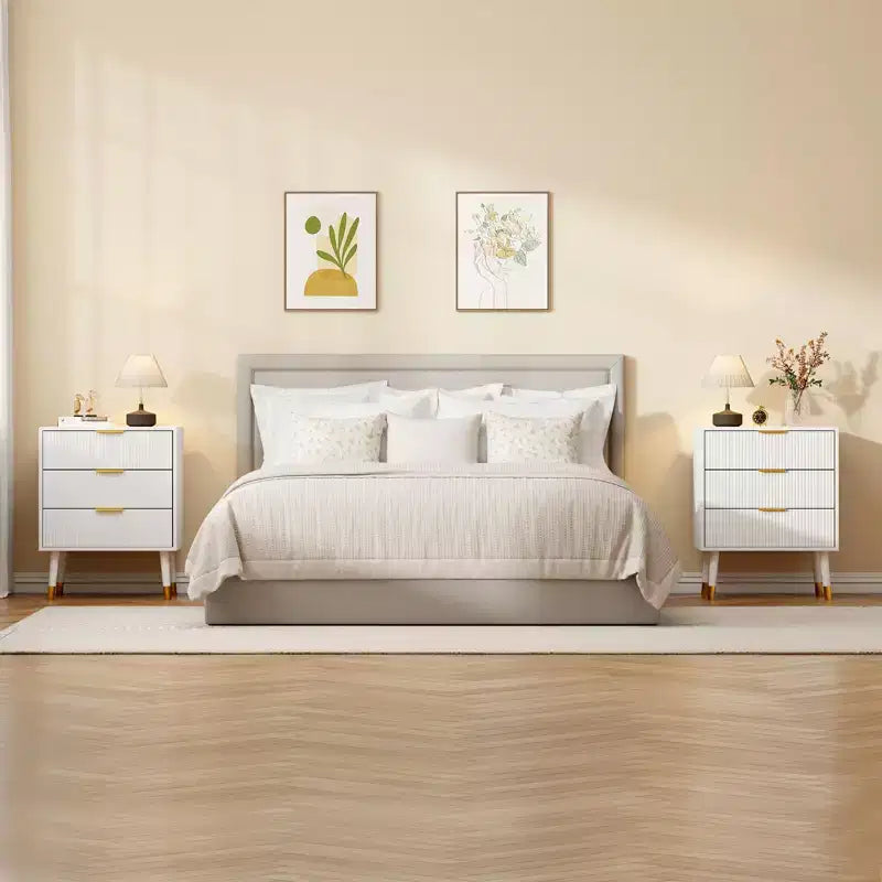 Commode à 3 tiroirs cannelés COZONY, commode de rangement moderne pour chambre à coucher avec cadre en bois, table de chevet compacte pour chambre à coucher et salon