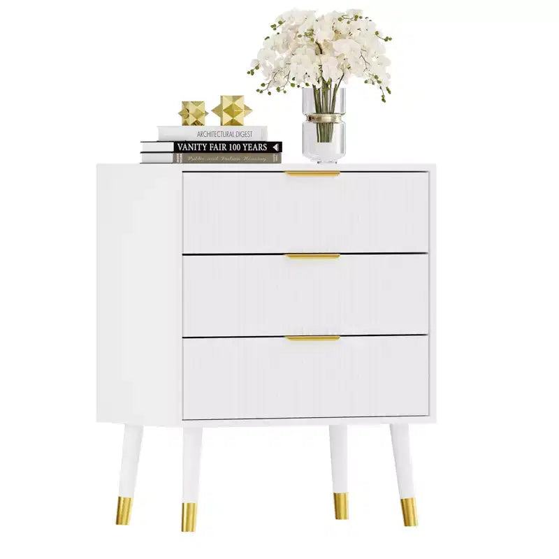 Commode à 3 tiroirs cannelés COZONY, commode de rangement moderne pour chambre à coucher avec cadre en bois, table de chevet compacte pour chambre à coucher et salon