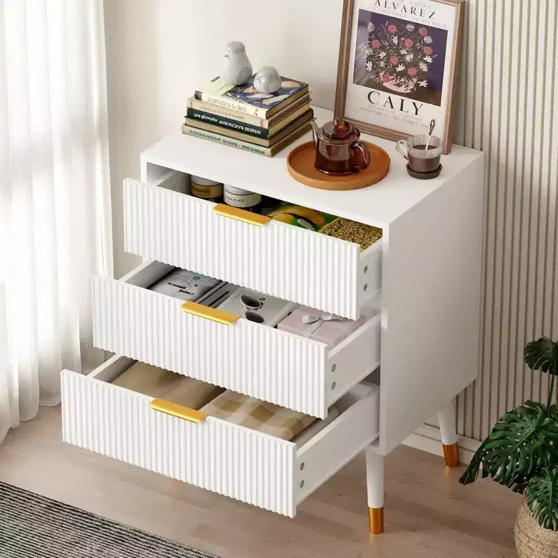 Commode à 3 tiroirs cannelés COZONY, commode de rangement moderne pour chambre à coucher avec cadre en bois, table de chevet compacte pour chambre à coucher et salon