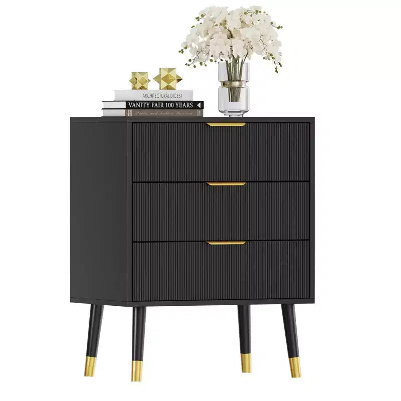 Commode à 3 tiroirs cannelés COZONY, commode de rangement moderne pour chambre à coucher avec cadre en bois, table de chevet compacte pour chambre à coucher et salon
