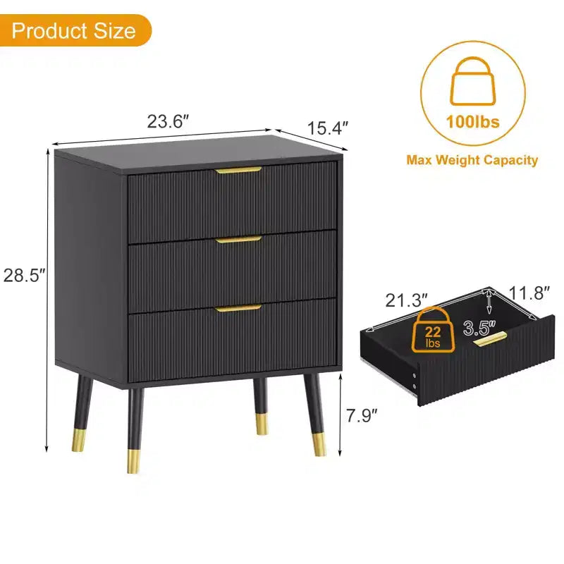 Commode à 3 tiroirs cannelés COZONY, commode de rangement moderne pour chambre à coucher avec cadre en bois, table de chevet compacte pour chambre à coucher et salon