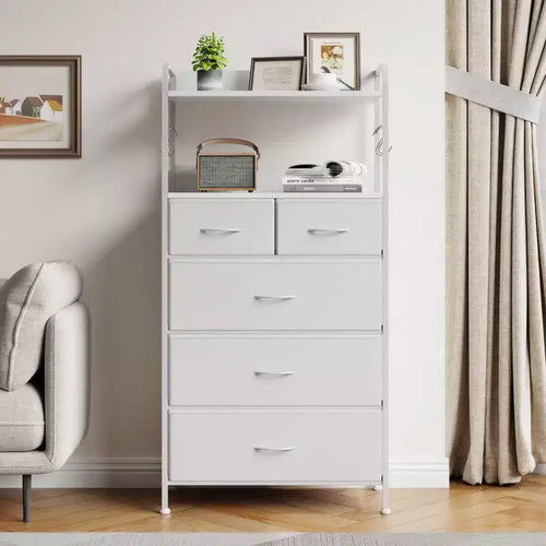 5 Drawer Dresser, Tall Dresser for Bedroom, Storage Organizer with Fabric Bins, Wood Top, Sturdy Steel Frame, Easy Pull Handle, Hallway, White