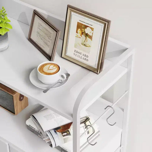 Commode à 5 tiroirs, Commode haute pour chambre à coucher, Organiseur de rangement avec bacs en tissu, Plateau en bois, Cadre en acier robuste, Poignée facile à tirer, Couloir, Blanc