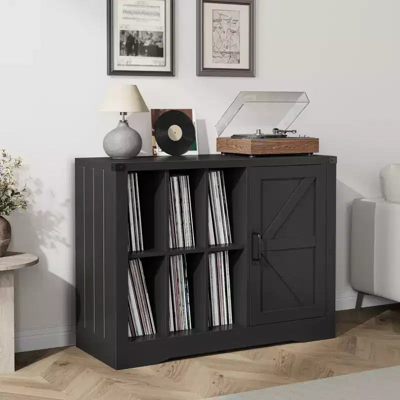 Meuble pour tourne-disque avec rangement pour vinyles, Meuble de platine de style ferme avec porte, Étagères de rangement pour vinyles, Meuble de rangement en bois pour salon, Noir