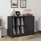 Meuble pour tourne-disque avec rangement pour vinyles, Meuble de platine de style ferme avec porte, Étagères de rangement pour vinyles, Meuble de rangement en bois pour salon, Noir