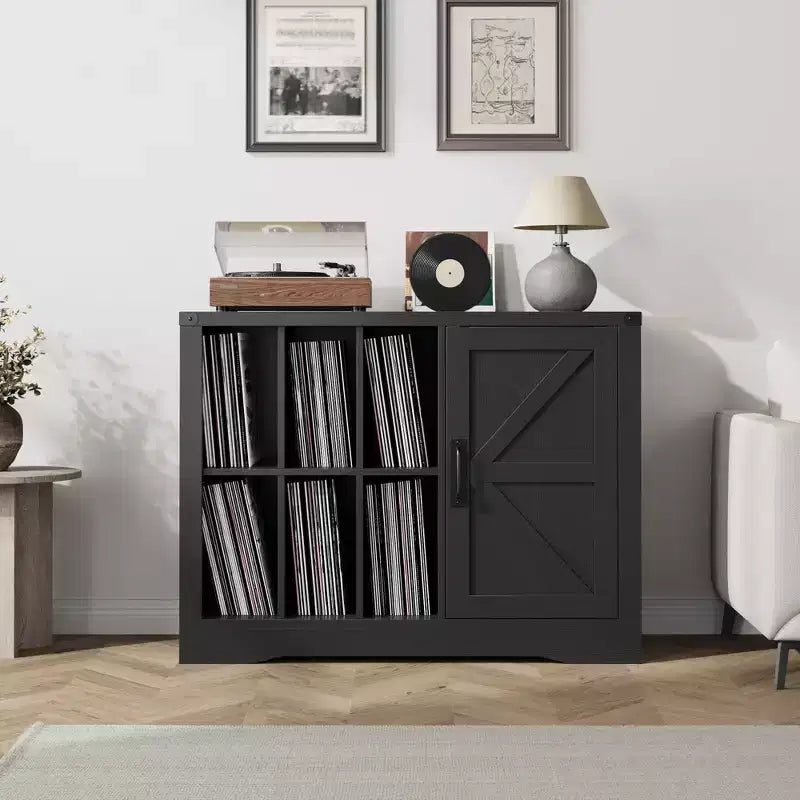 Meuble pour tourne-disque avec rangement pour vinyles, Meuble de platine de style ferme avec porte, Étagères de rangement pour vinyles, Meuble de rangement en bois pour salon, Noir
